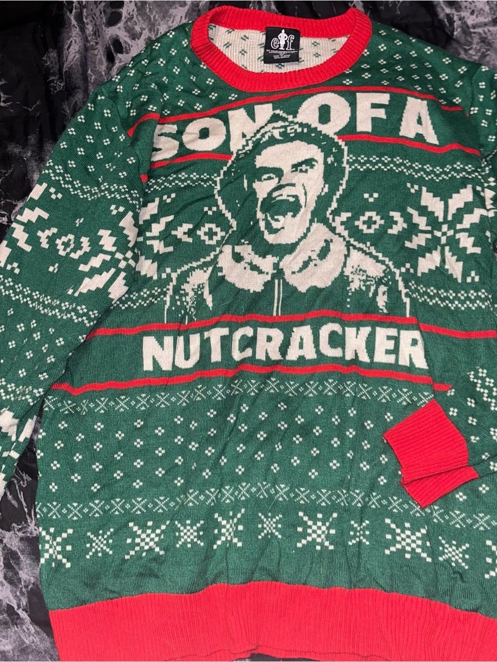 Green elf movie "Son of a Nutcracker" Holiday Sweater - Men size xl